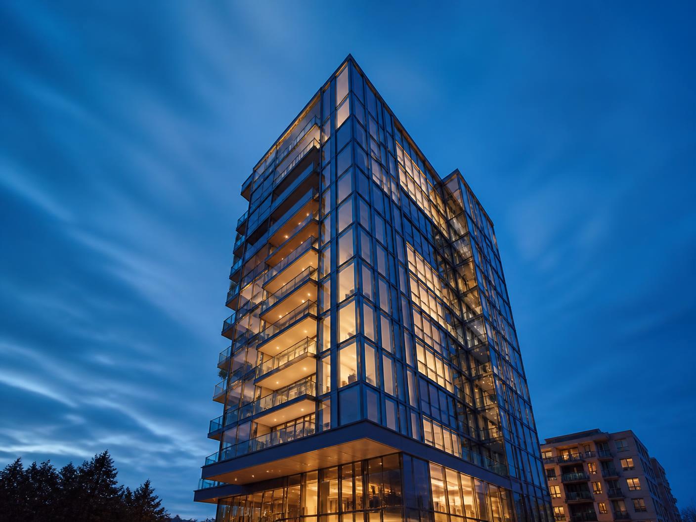Modern glass residential tower lit at blue hour