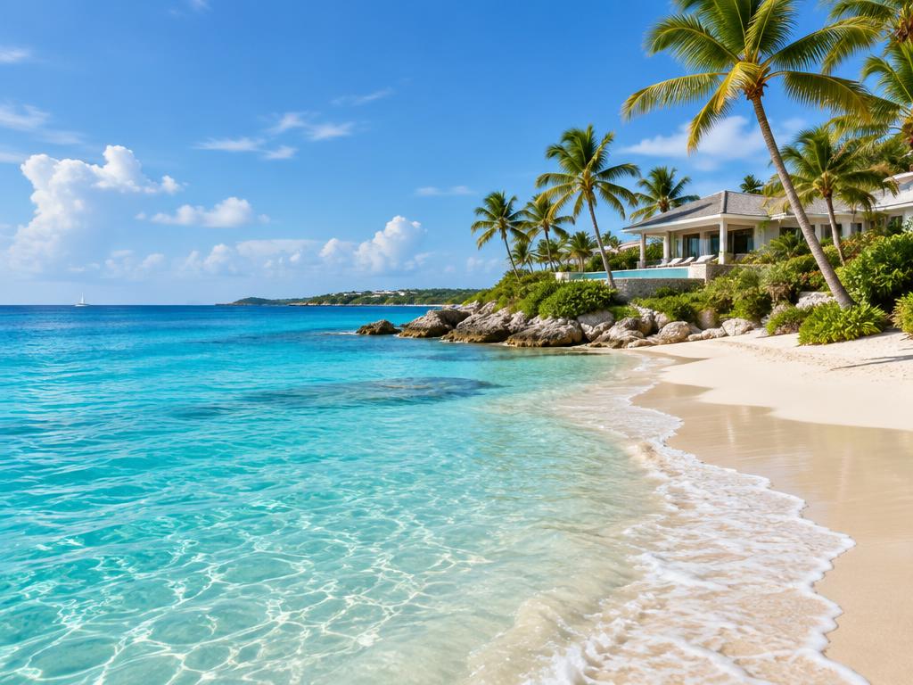 Caribbean beach with turquoise water and a coastal villa