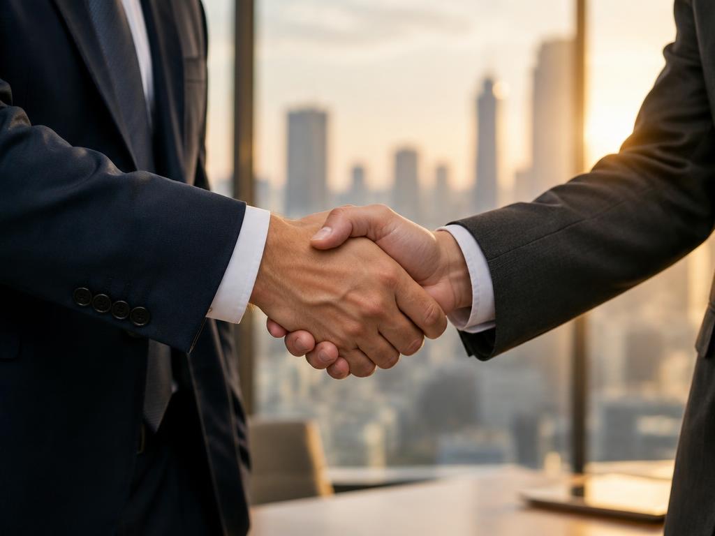 Business handshake between two partners with a city skyline behind