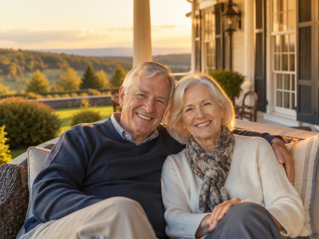 Happy retired couple relaxing on the porch of their countryside home