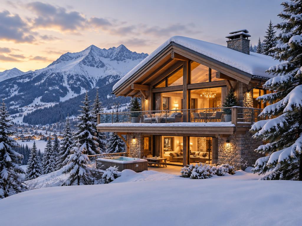 Snow-covered ski chalet in the mountains